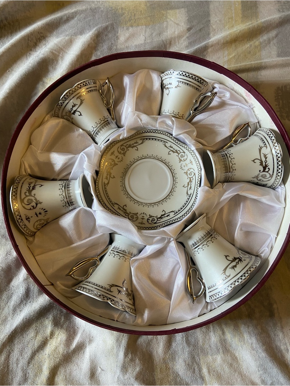 Elegant White and Silver Porcelain Tea Cup and Saucer Set - (6 Cups & 6 Saucers)